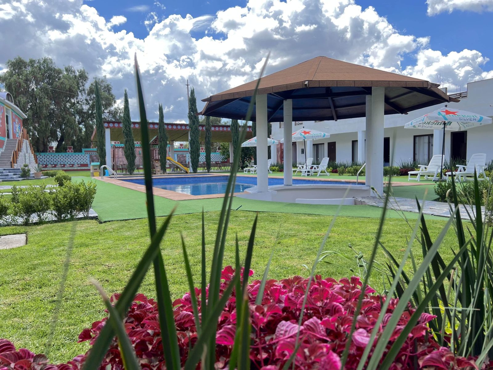 Camastros y sombrillas junto a la piscina climatizada